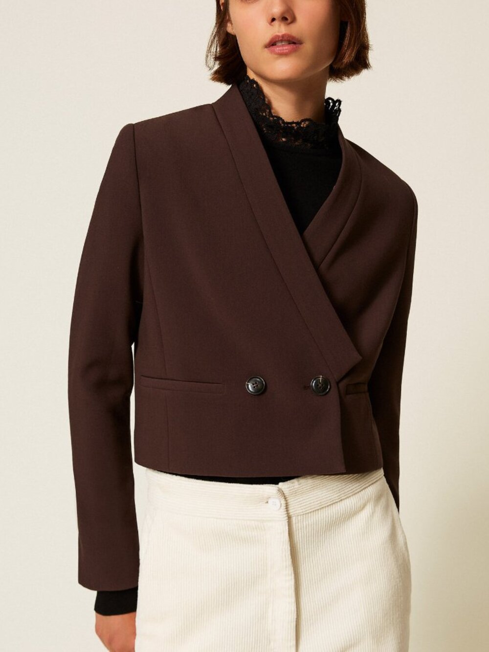 Twinset "Black Chocolate" Crepe Double-Breasted Cropped Blazer